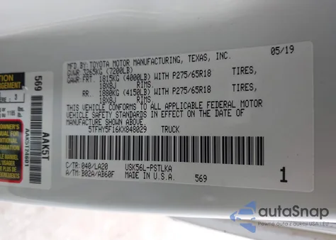 2019 Toyota Tundra Limited 5.7L V8 from USA, damaged, VIN 5TFHY5F16KX848029